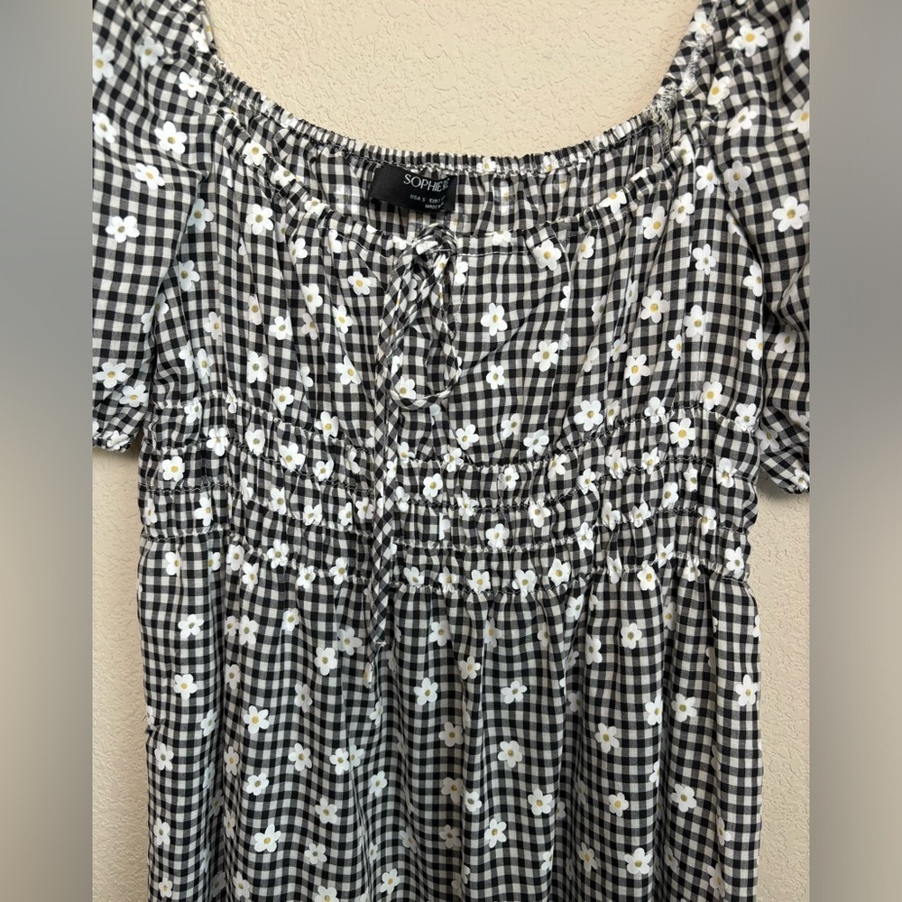 Sophie Rue Puff Sleeve Smocked Waist 90s Gingham Daisy Print Midi Dress S - Picture 2 of 9